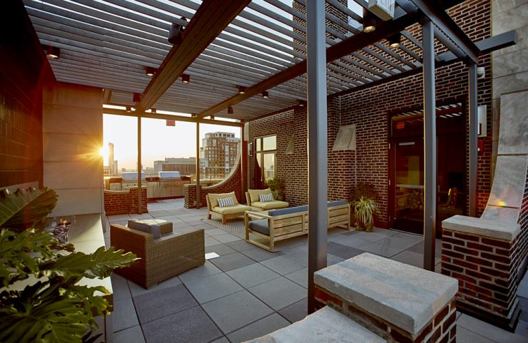 outdoor seating area on skydeck at dusk 